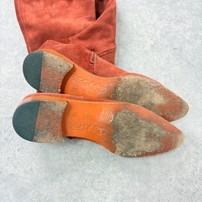 Pointed toe burnt orange suede buckle 70s boots