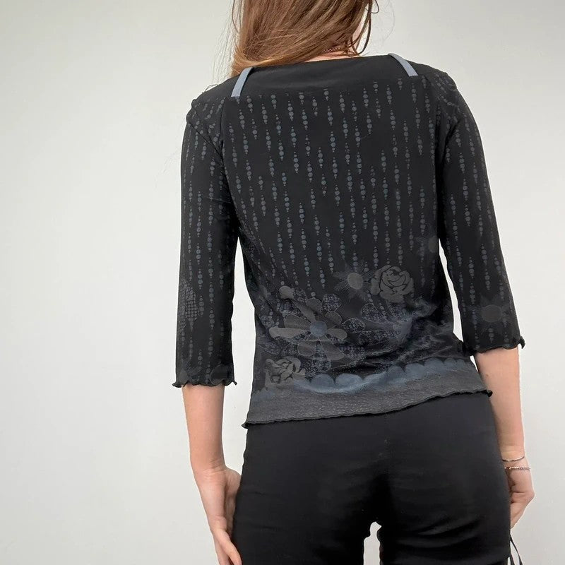black wide neck belt loop 3/4 length sleeve polkadot t-shirt