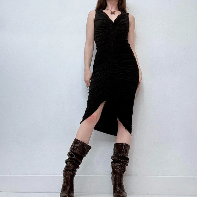 black gathered cinched allsaints silk dress