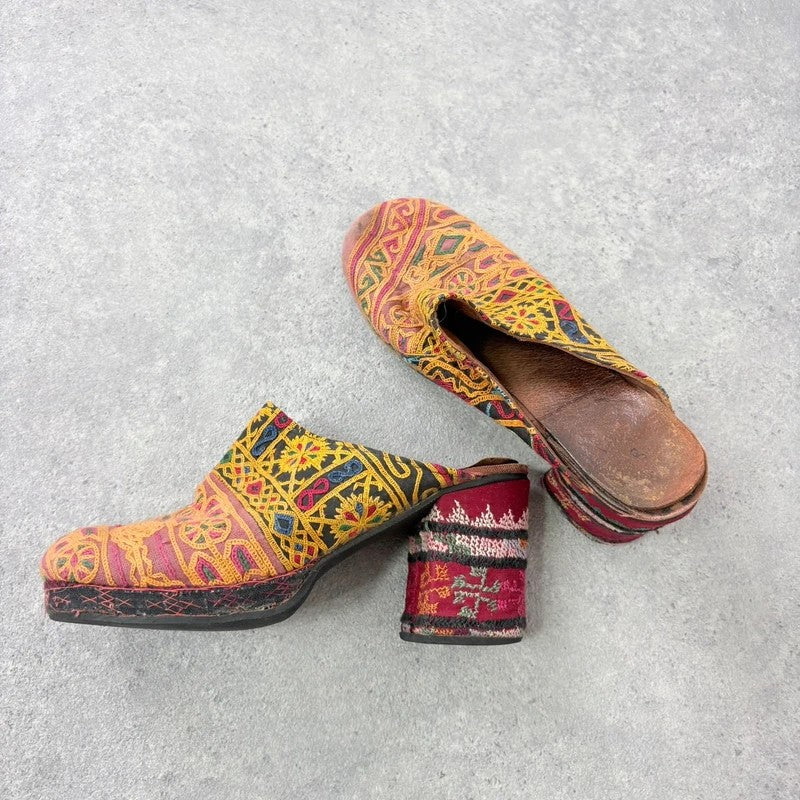 Kantha stitched woven patchwork hippy heels