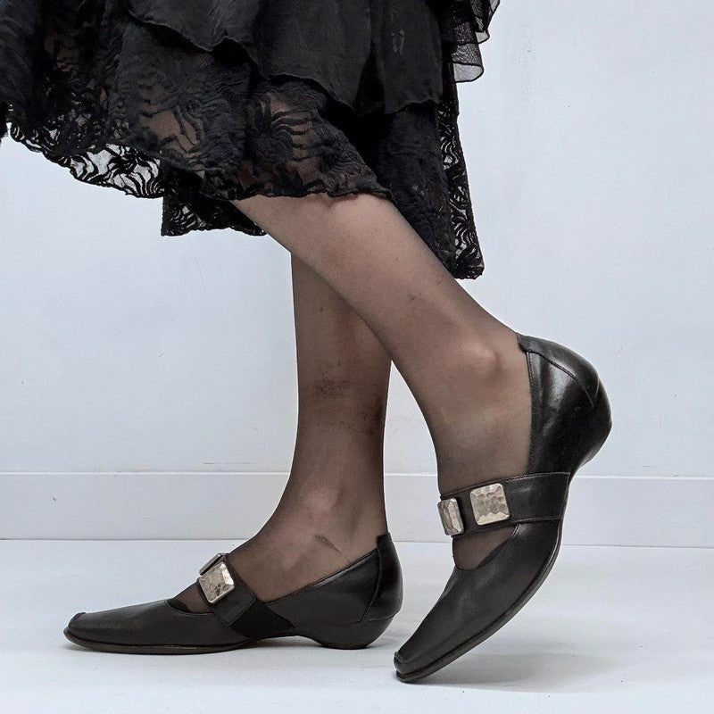 black pointed studded ballet flats