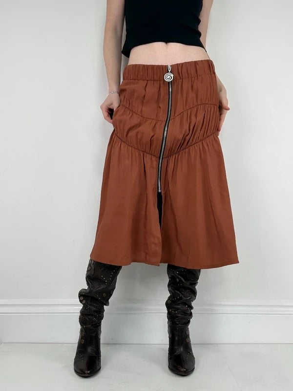 Cop Copine gathered ruched orange midi skirt