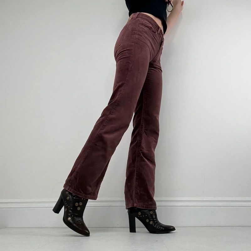 burgundy flared leg velour trousers