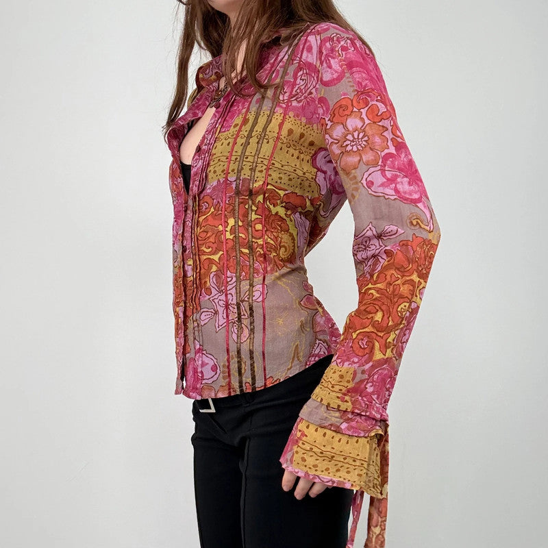pink and brown floral printed flared shirt