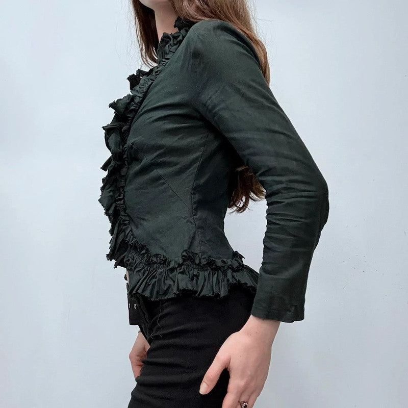 black linen flared ruffle shirt