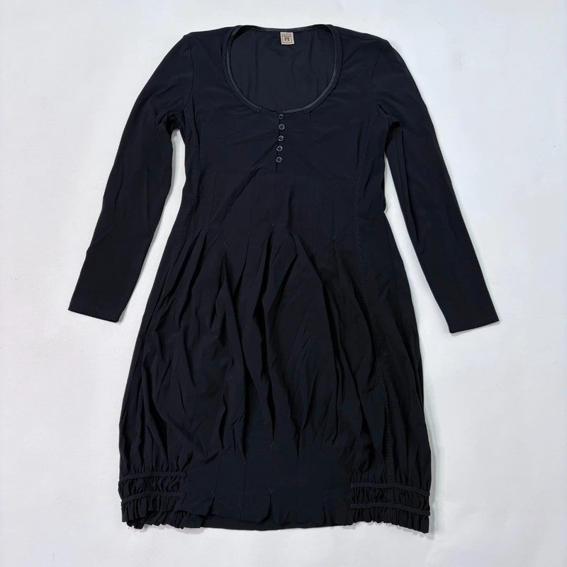 black long sleeve pleated puff midi dress