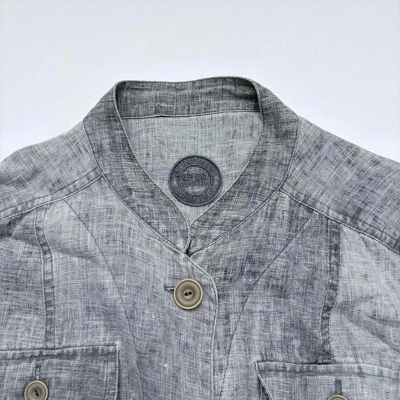 grey linen distressed cinched cargo shirt