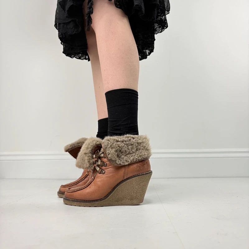 tan sheepskin leather wedge boots