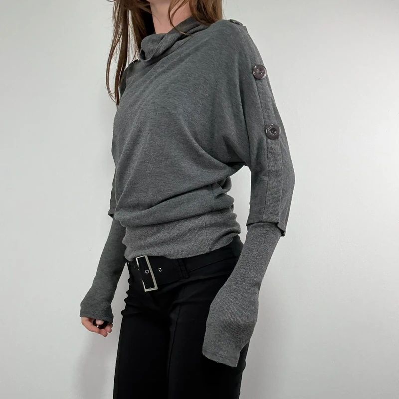 grey slouchy knit ribbed fitted jumper with button details