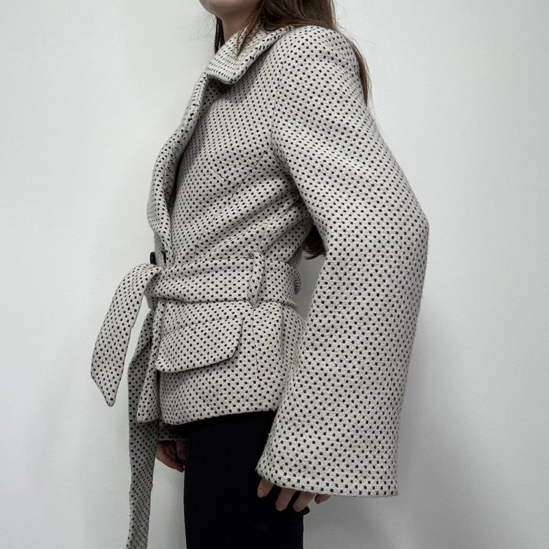 cream wool polkadot flared pea coat