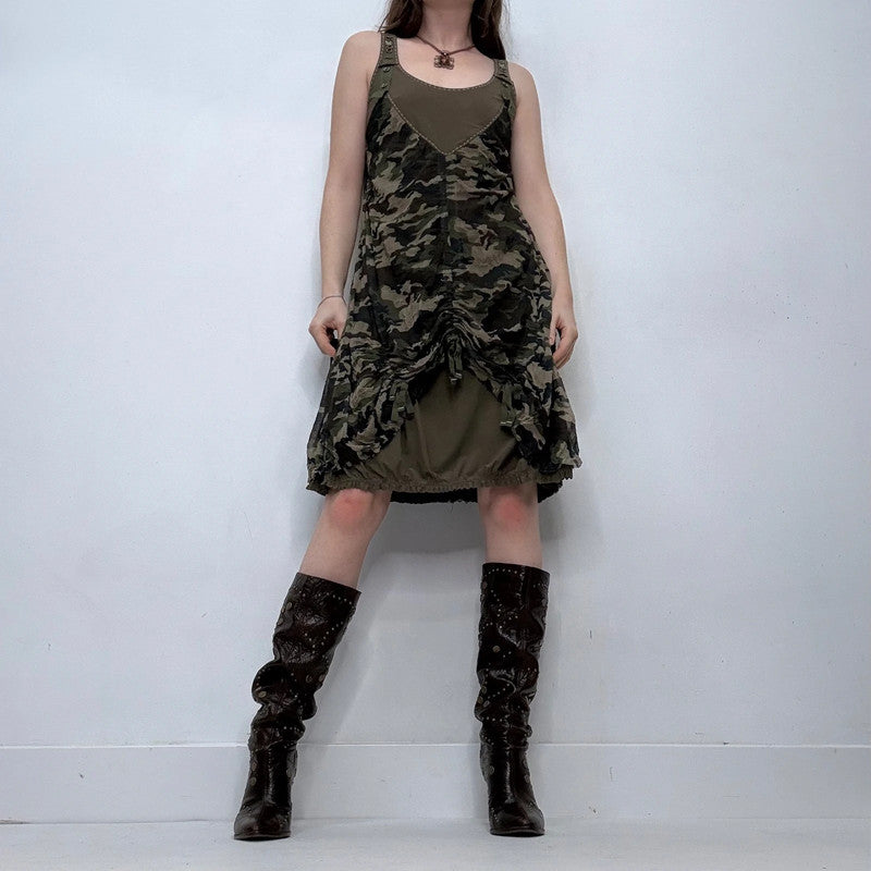 khaki graphic printed layered draped midi dress