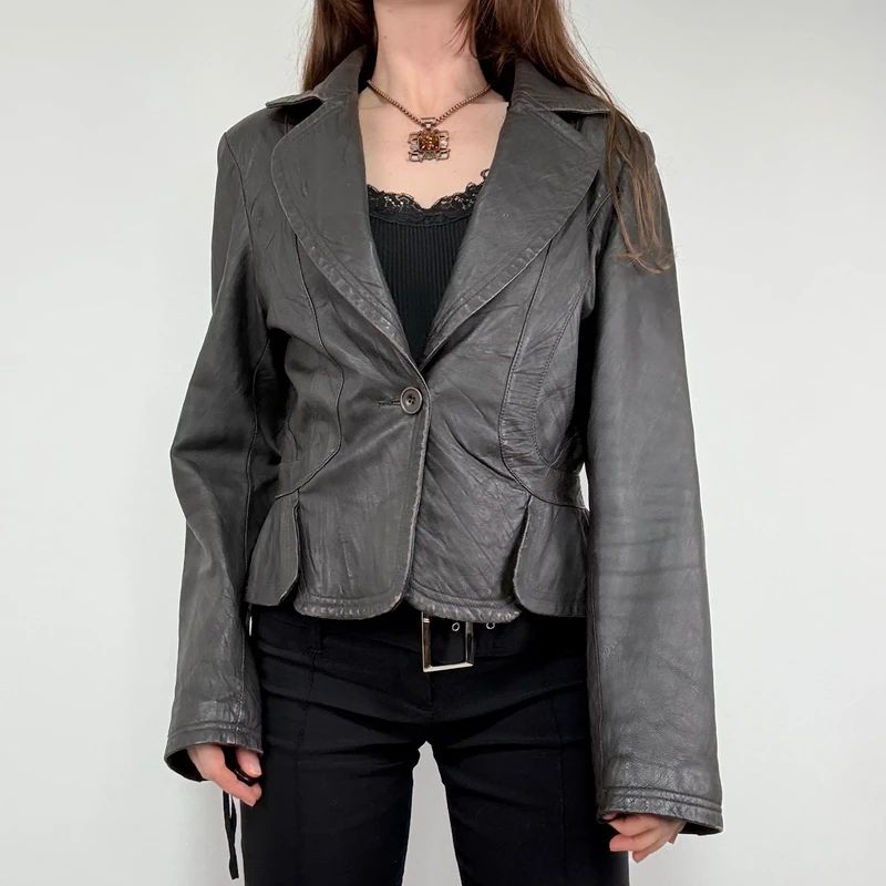 cropped dark brown leather jacket