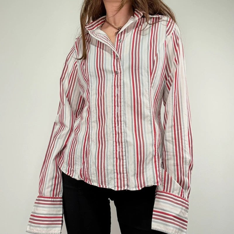 pinstripe preppy fitted flared white and red shirt