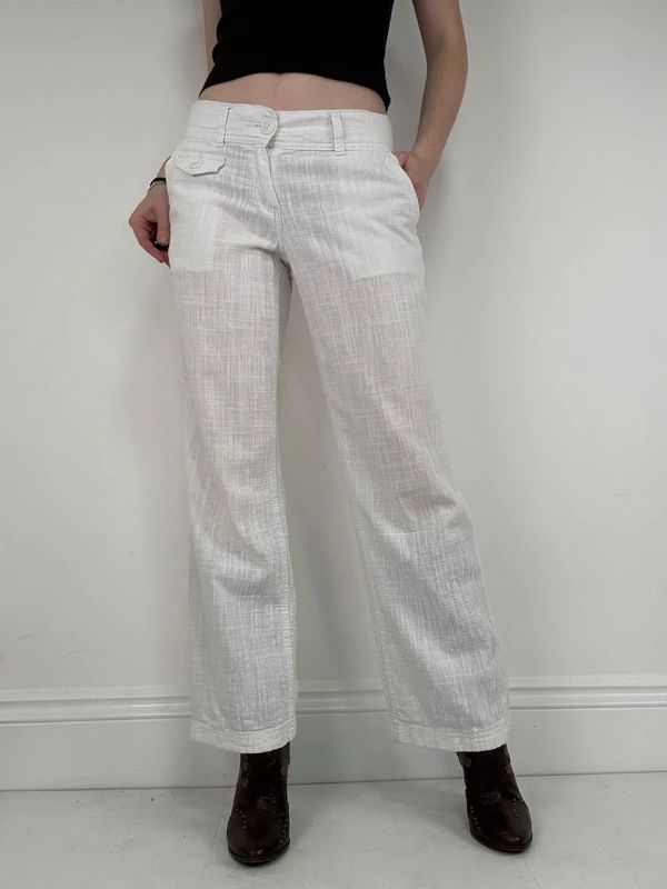 white linen wide leg low rise trousers