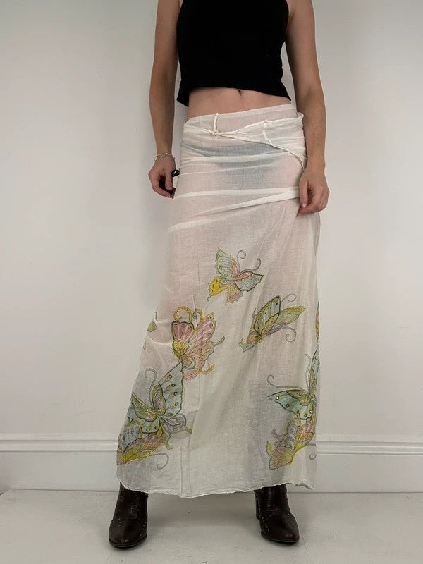 White cotton sheer butterfly summer maxi cover-up