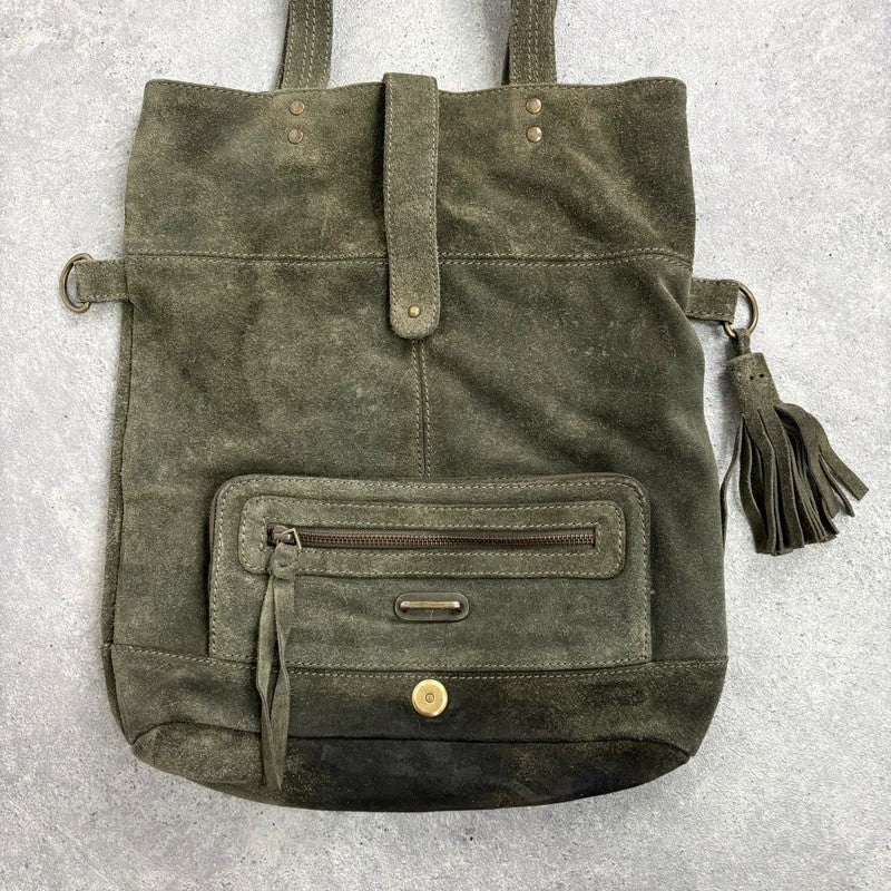 Khaki green suede leather tassel tote bag