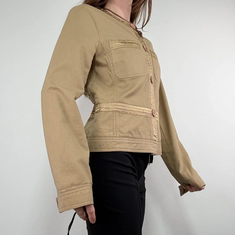 tan boxy cropped fit jacket with exposed button detail