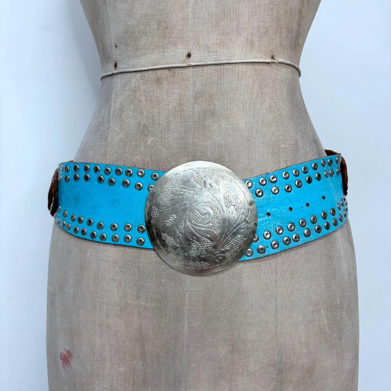 blue western leather studded metal belt