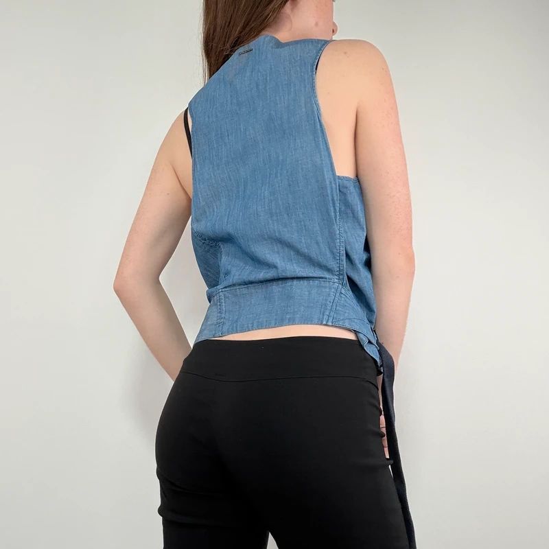 distressed denim asymmetric belted vest