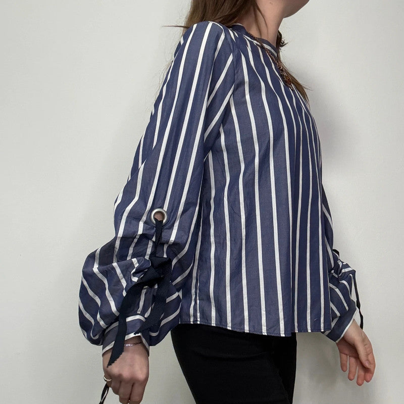 Navy striped balloon puff sleeve shirt