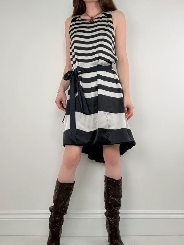 Navy and white striped asymmetric midi dress