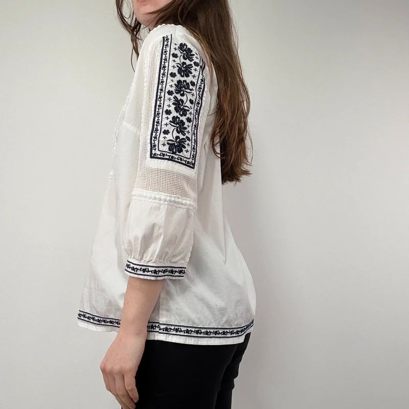 White Crochet Embroidered Cotton Blouse