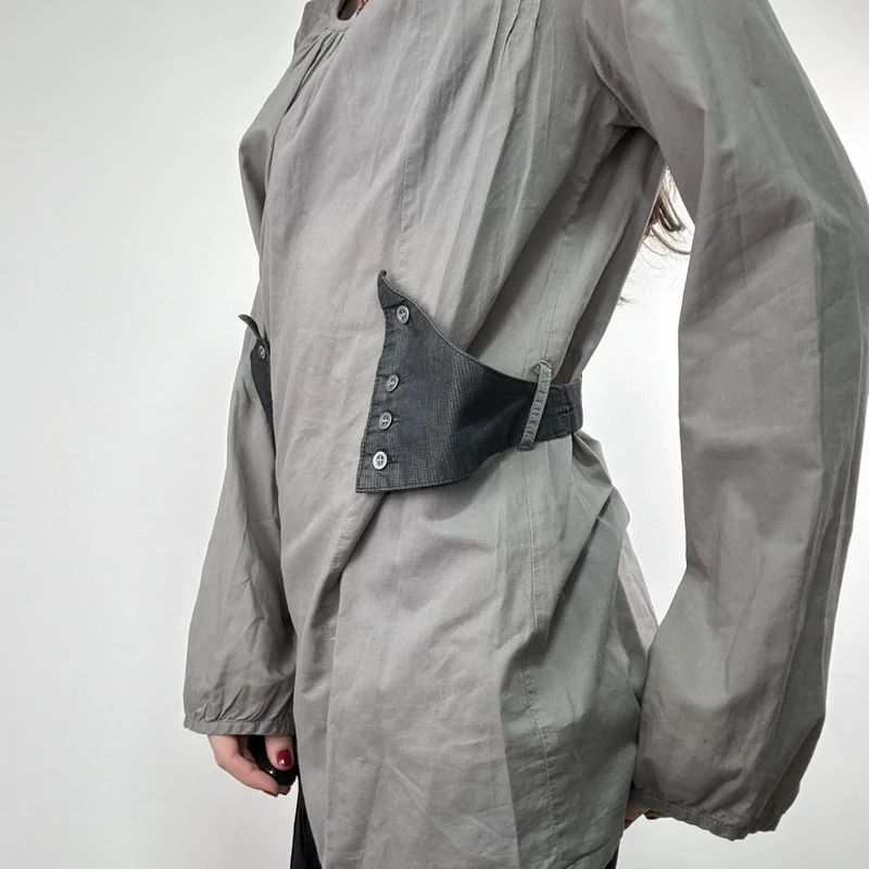 utility khaki pleated blouse with harness braces