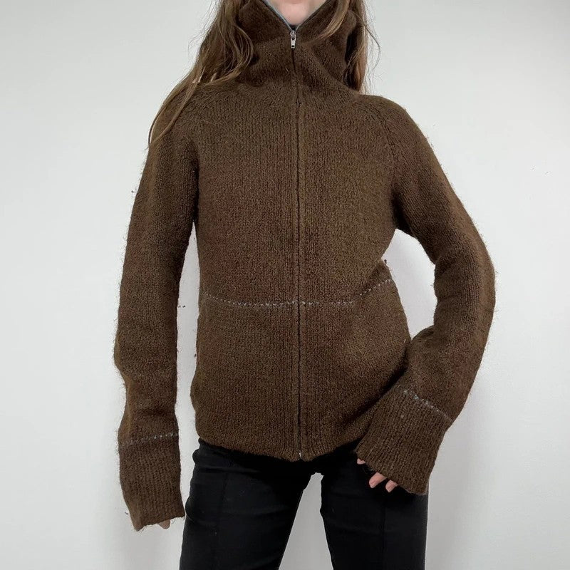 brown knit flared zip through cardigan