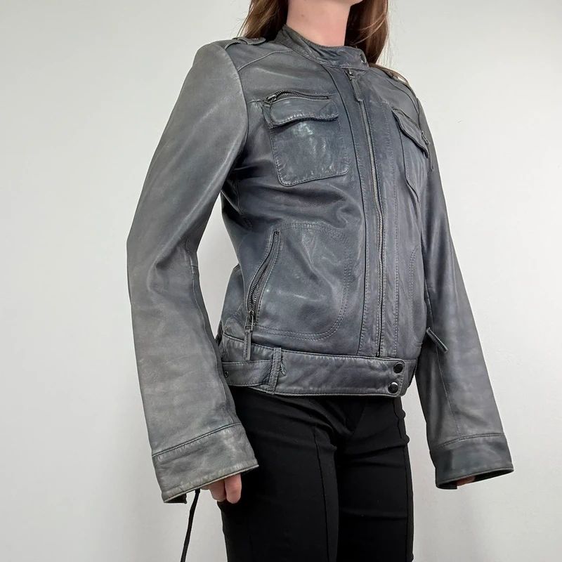 distressed leather boxy biker jacket