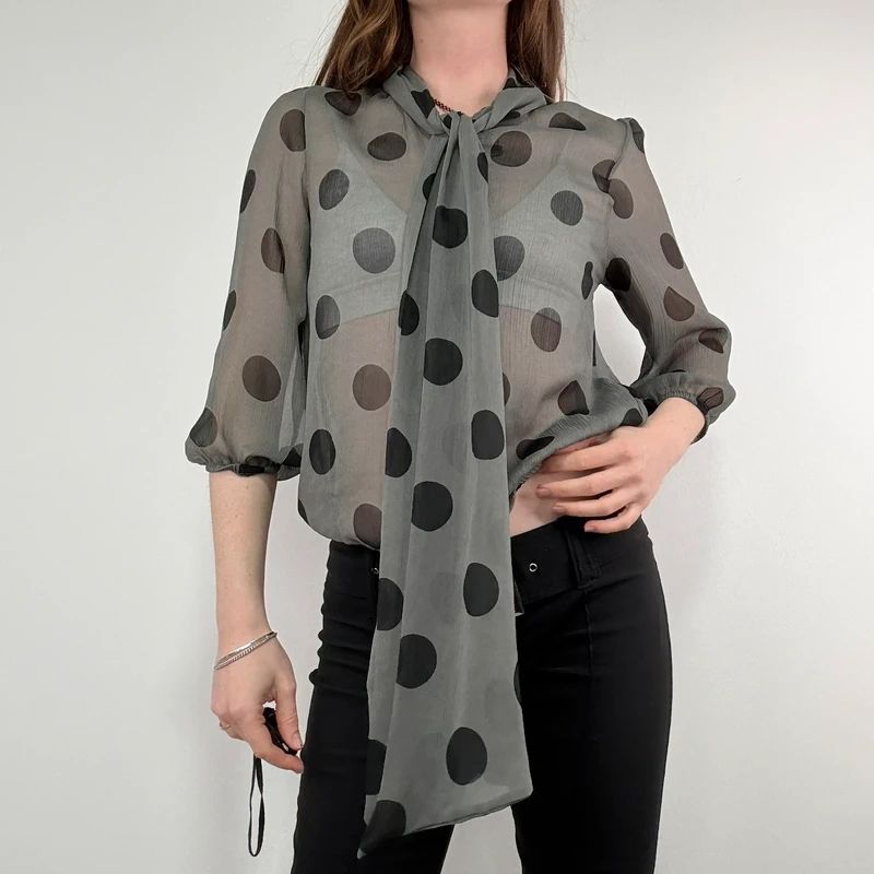 grey polkadot bow blouse