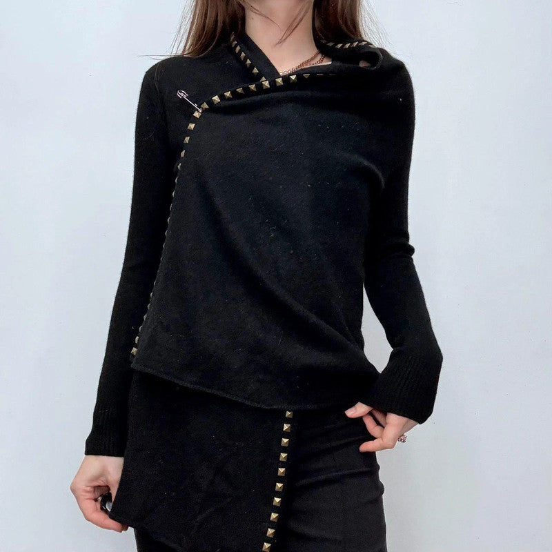 studded asymmetric black drape cardigan