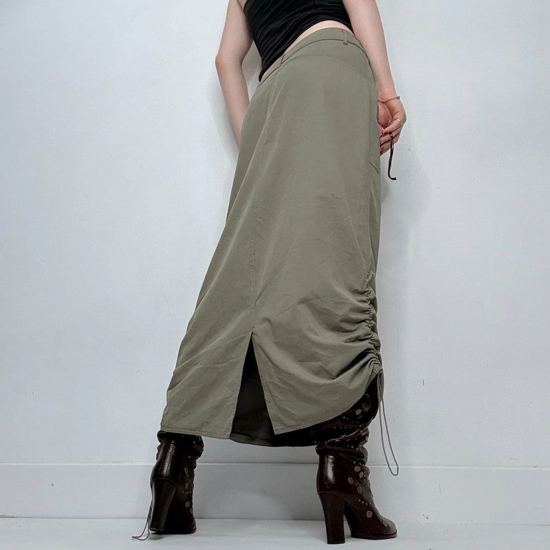khaki gathered cinched maxi skirt