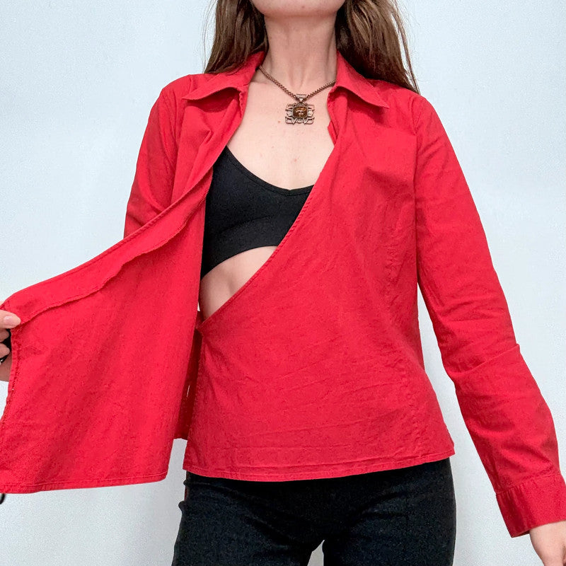 red fitted wrap shirt