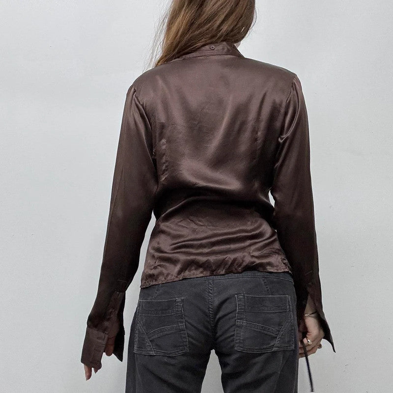 brown sheer silk pinstripe ruffle shirt