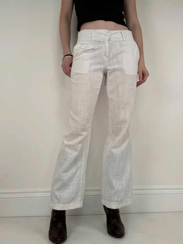 white linen wide leg low rise trousers