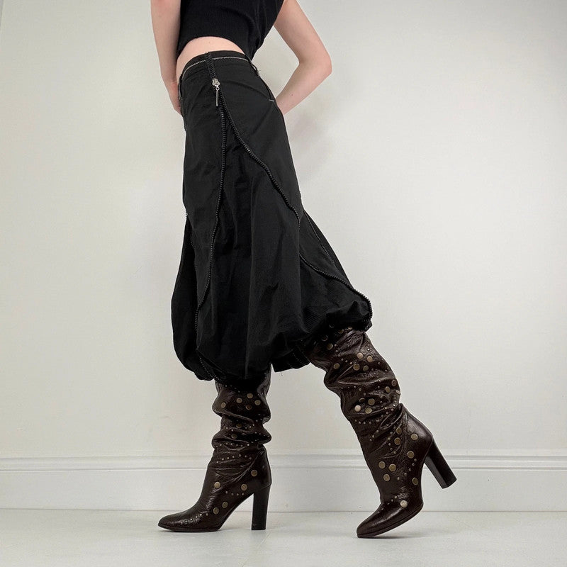 Black structured puff zip midi skirt