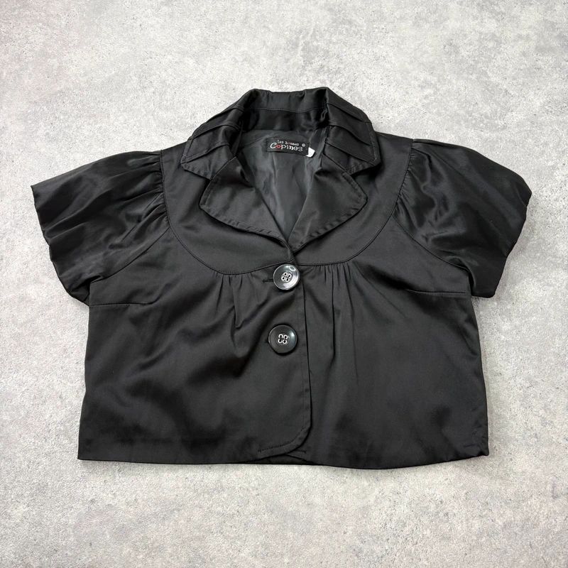 black satin cropped capped sleeve mini jacket