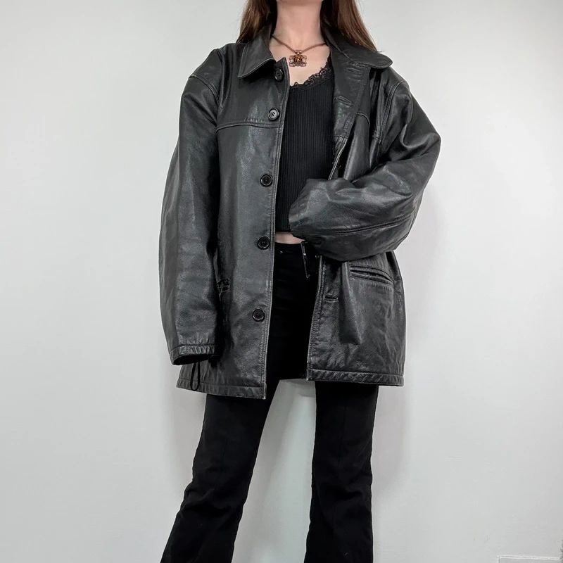 oversized black leather jacket