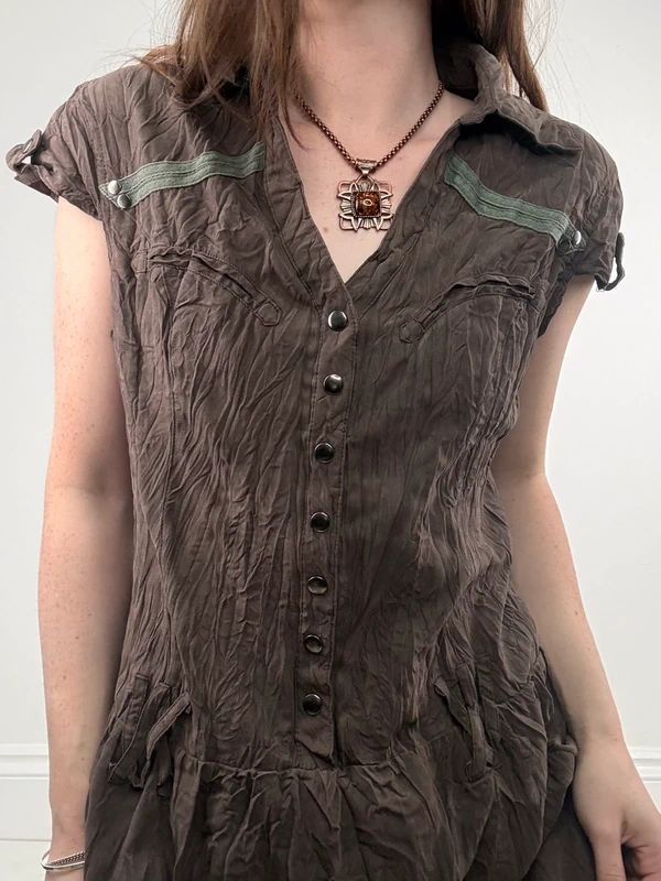 brown crinkle layered shirt dress