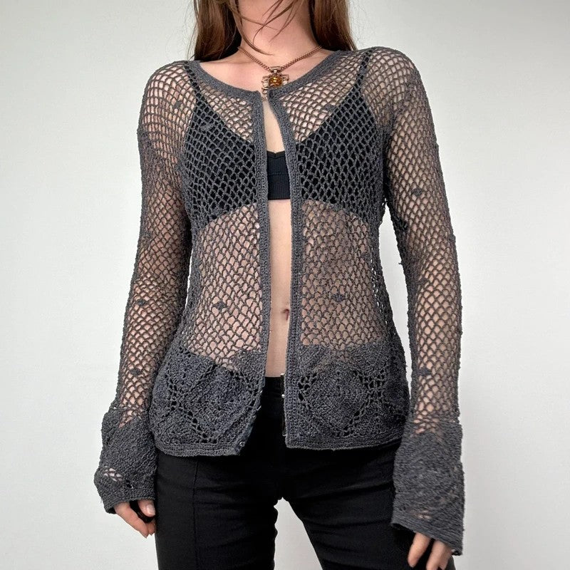 grey crochet sheer lace knit cardigan
