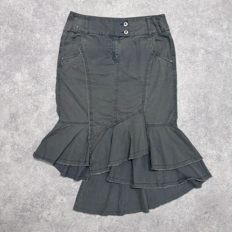 khaki denim asymmetric ruffle skirt