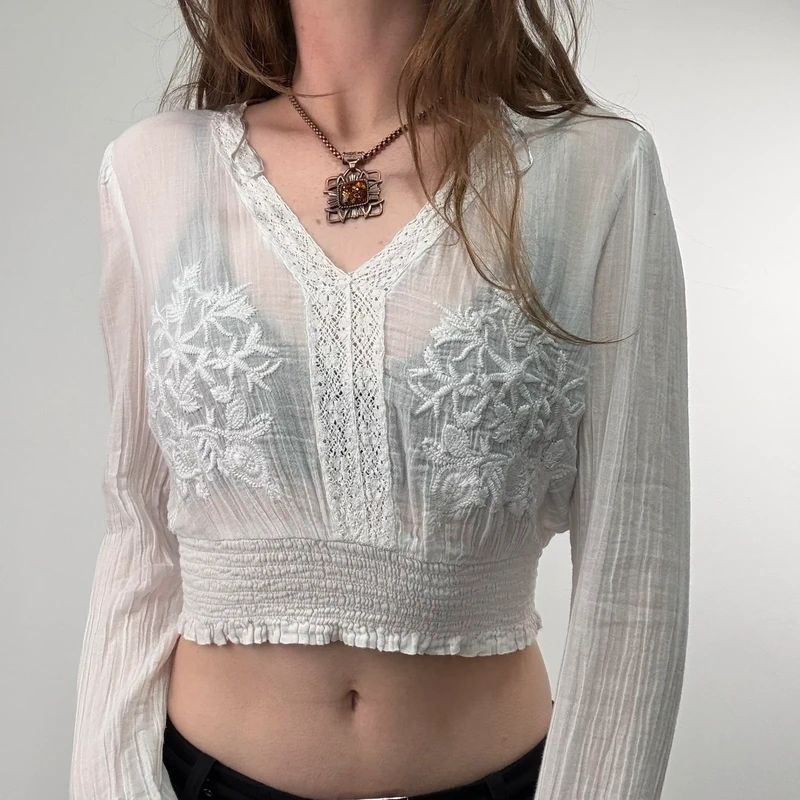 white cotton floral embroidered blouse