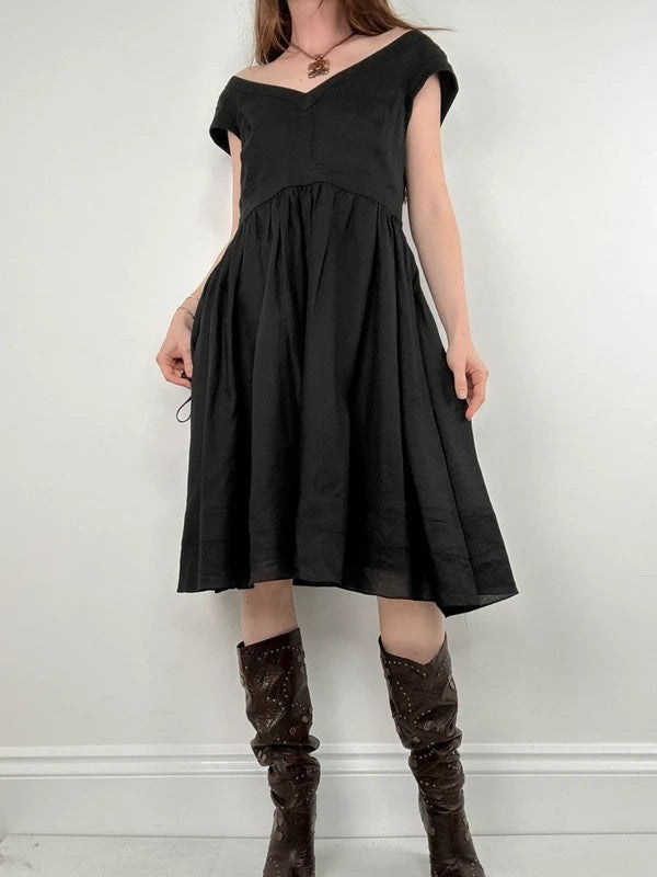 black pleated drop waist linen midi dress