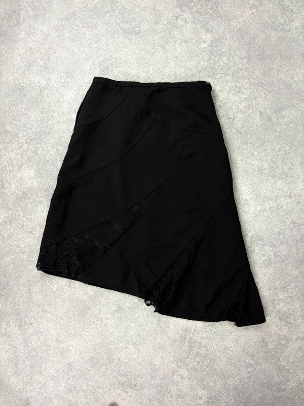 black asymmetric lace panelled midi skirt
