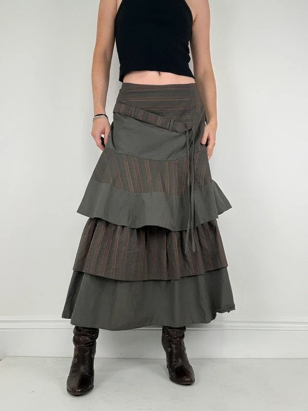 Khaki layered pinstripe maxi skirt