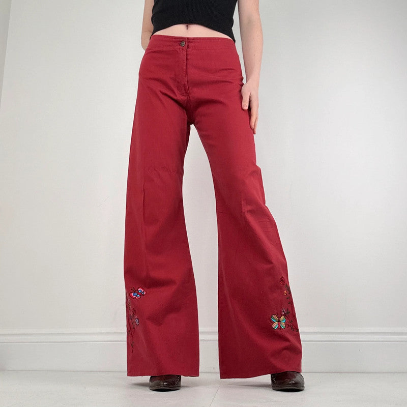 red cotton wide leg flared embroidered trousers