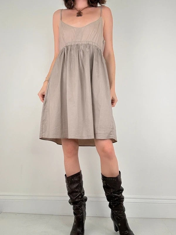 brown cotton pleated flared french midi dress