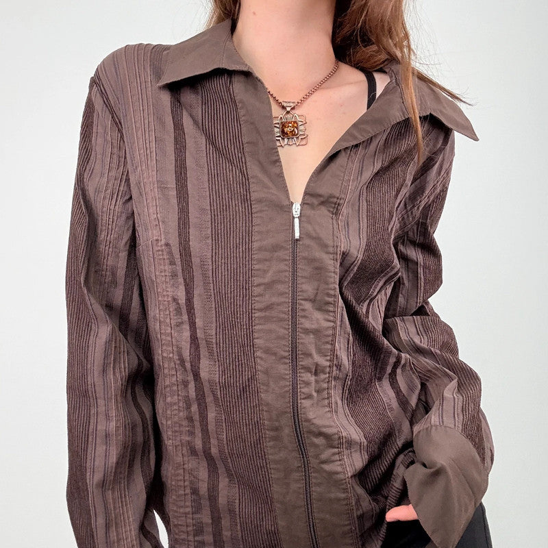 brown pinstripe zip shirt