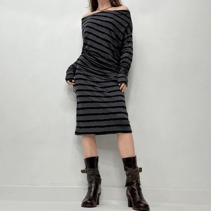 slouchy striped off the shoulder midi dress