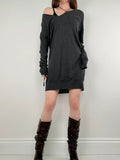 slouchy grey knitted off-the-shoulder v-neck long sleeve dress